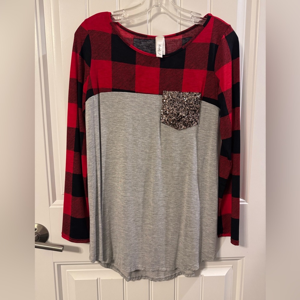 Buffalo Plaid Red and Gray Long Sleeve Top with Sequin Pocket